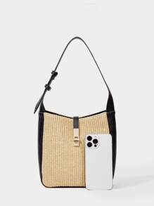 SHECARRY 女士单肩包秋冬季校园旅行通勤工作优雅精致豹纹草编包 - 彩色 - 查看 5