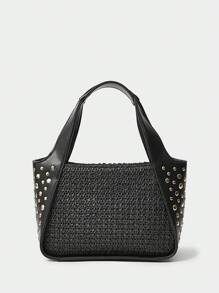 SHECARRY 女士稻草铆钉街头时尚百搭手提包 - 黑色 - 查看 2