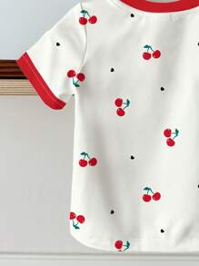 SHEIN 可爱迷你心形和樱桃印花年轻女孩休闲简约圆领短袖T恤，适合夏季 - 彩色 - 查看 5