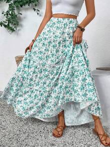 SHEIN VCAY Plus Size Ditsy Floral Skirt, Casual & Relaxing - Teal Blue - View 4