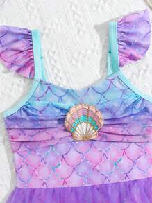 1 pieza Traje de baño de una sola pieza con estampado de escamas de pez, drapeado y parches de malla para niñas jóvenes - Multicolor - Ver 3