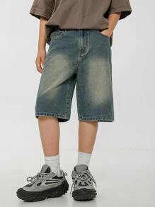 SHEIN Explorewe Tween Boys Distressed Denim Shorts, Casual Streetwear Fashion Loose Fit Urban Cool Hippy Summer Retro Vintage Wash Elastic Waist, School, Campus, College Summer Holiday