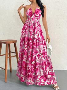 Firerie Women's Floral Print Spaghetti Strap V-Neck Ruched Backless A-Line Maxi Dress, Suitable For Summer Hawaii, Sexy/Vacation/Beach/Date - Pink - View 5