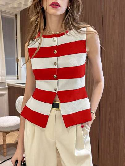 Pariaura 年轻时尚简约法式日常通勤度假黑白宽条纹圆领不对称金属纽扣下摆前开衩修身针织上衣，百搭罗纹针织，适合春夏秋季，可单独穿着或作为内衣