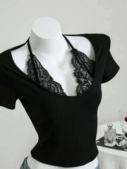 Elamini 1 件女式蕾丝拼布深 V 领露背短袖短款 T 恤，优雅浪漫度假休闲百搭夏装