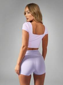 MISSGUIDED Athletic Crop Top Square Neck Workout Tank Performance Training Dance Yoga Fitness Moisture Wicking Activewear Running Exercise Gym Stretchy - Dusty Purple - View 2