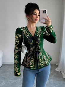 Chiquease 女士花卉印花前系带优雅长袖衬衫，度假/度假装 - 墨綠色 - 查看 3