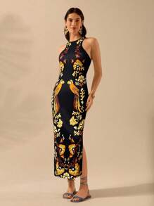 女式波西米亚风热带植物和鹦鹉蓝色印花无袖露背连衣裙，休闲海滩夏季连衣裙 - 彩色 - 查看 6