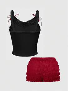 ROMWE Kawaii Women Summer Cherry Print Contrast Lace Cami Top & Shorts Two Pieces Outfits For Daily Wear - Black - View 2
