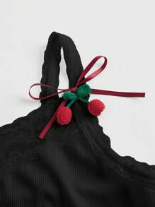 ROMWE Kawaii Women Summer Cherry Print Contrast Lace Cami Top & Shorts Two Pieces Outfits For Daily Wear - Black - View 6