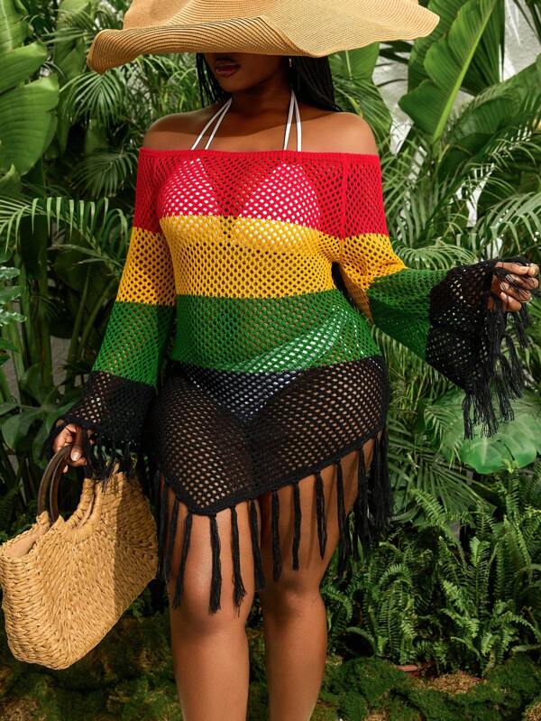 Slaydiva Robe de plage ajourée à franges pour femmes grande taille
