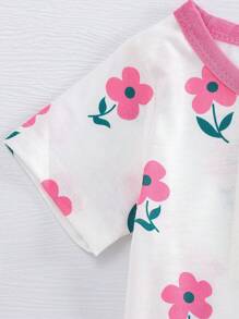 SHEIN Toddler Girls Cute Floral Print Short Sleeve T-Shirt And Elastic Waist Pants Set, Casual Spring/Autumn Outfit For Outdoor Play Or Daily Wear, Comfortable & Versatile - Pink - View 4