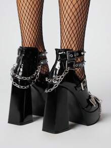 ROMWE Goth Giày cao gót thời trang nữ Mary Jane da bóng màu đen phong cách Punk - màu đen - Xem 4