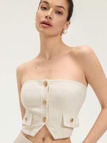 Chiquease Women's Elegant Vintage Fancy Metal Buckle Loose Asymmetric Hem Cropped Tube Top   Old Money Style For Summer Spring Fall Autumn - Beige - View 4