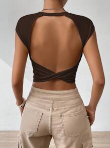 Firerie Women's Solid Color Fashion Backless Twist Short Sleeve T-Shirt - Coffee Brown - View 5