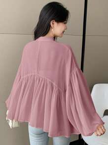 DAZY 休闲夏季纯色立领长袖百褶女式衬衫