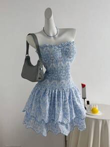 Sweetra Women's Drawstring Blue Beach Resort Casual Dress, Spring/Summer