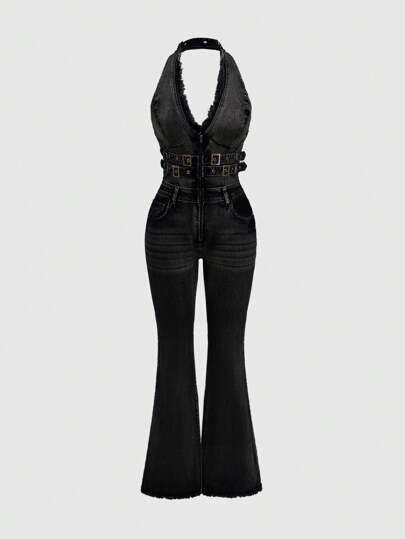 Fairycore Women's Y2K Halter Denim Bib Overalls And Jumpsuit