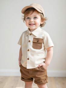 SHEIN Playful Pals 男婴撞色工装口袋短袖衬衫