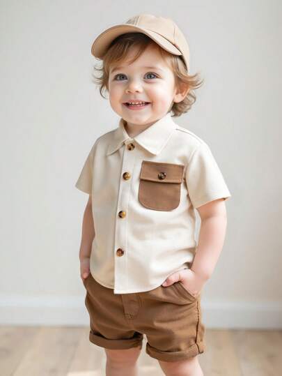 SHEIN Playful Pals 男婴撞色工装口袋短袖衬衫
