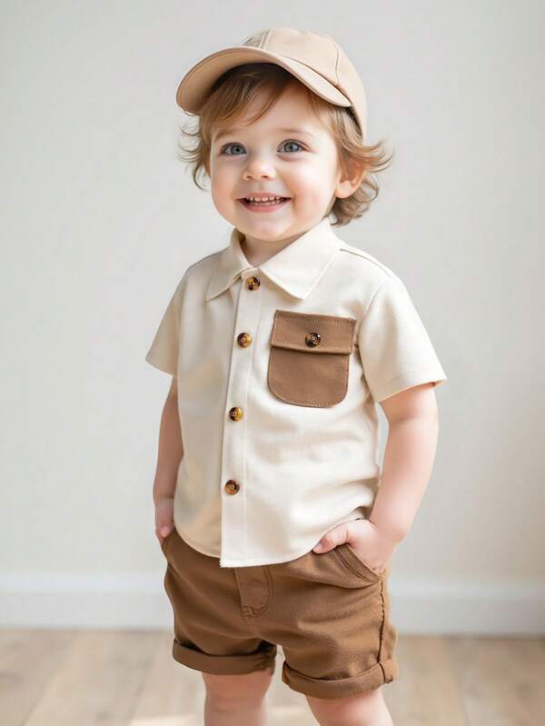 SHEIN Playful Pals Camisa de manga corta con bolsillo cargo de color contrastado para bebé niño