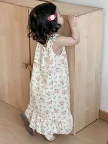 Dazy Kids 女婴全身印花无袖宽松中长款家居服度假装 - 米色 - 查看 2
