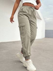 BamGleam 女士休闲百搭纯色抽绳工装裤 - 淺灰色 - 查看 4