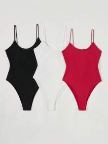 SHEIN BASICS 3pcs Solid Color Slim Fit Knitted Bodysuit For Women - Multicolor - View 1