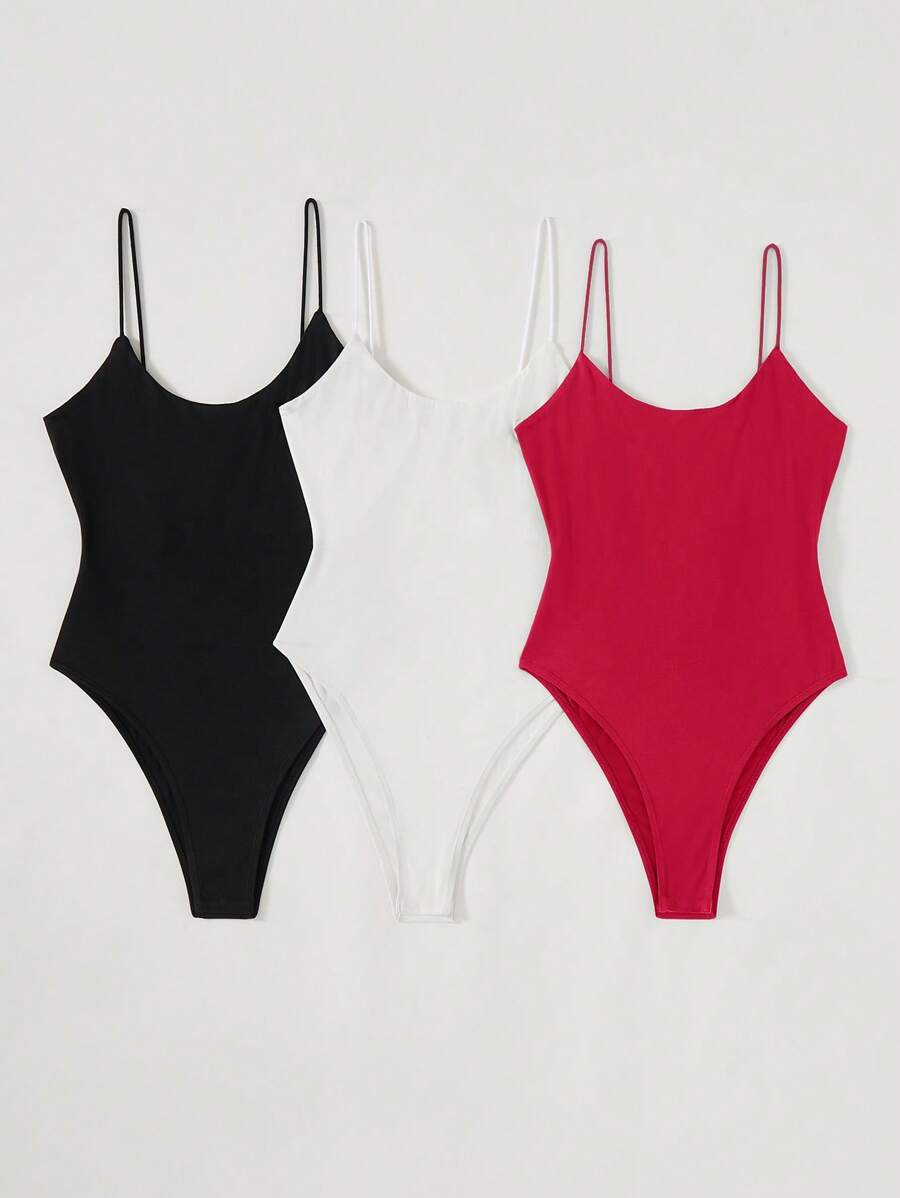 SHEIN BASICS 3pcs Solid Color Slim Fit Knitted Bodysuit For Women - Multicolor - View 1