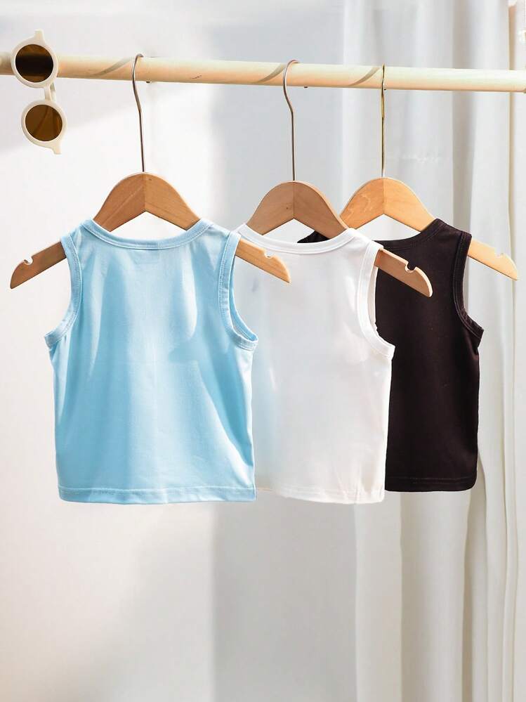 3pcs Pack Infant/Baby Boys Casual Striped & Print Sleeveless Knit Tees, Black, White, Blue, Suitable For Spring/Summer, Outdoor, Casual Outings, For Babies 6 Months To 3 Years Old - Multicolor - View 2
