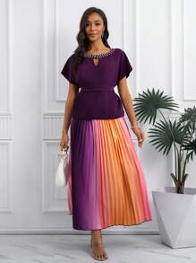 SHEIN Clasi Conjunto de 2 piezas de blusa y falda para mujer con cintura anudada, plisada y degradada con detalles de pedrería - Morado - Ver 7