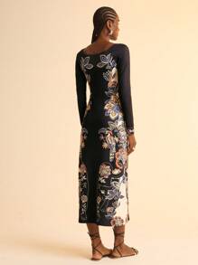 CAJUNI 波西米亚风热带植物花卉印花针织长袖女式紧身长裙，度假风格 - 彩色 - 查看 2