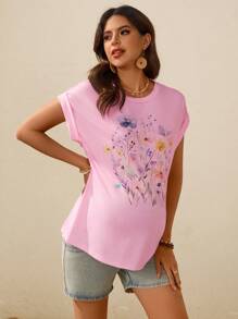 SHEIN Pregnant Women's Casual Floral Print Batwing Sleeve T-Shirt, Summer - Dusty Pink - View 5