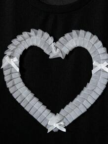 SHEIN Tween Girls 2pcs Set, Black Short Sleeve Ruffle Bow & Heart Decor Top + Pink Striped Straight Leg Pants - Multicolor - View 6