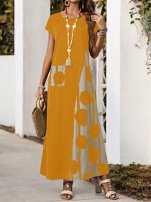 EMERY ROSE Váy dài thường ngày in họa tiết tương phản cỡ lớn, trang phục mùa xuân cho phụ nữ, trang phục đi nghỉ nhiệt đới cho phụ nữ - Màu vàng - Xem 6