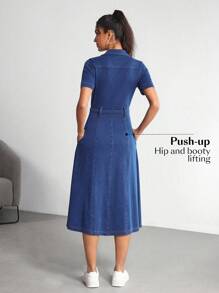 SHEIN Essnce Women's Denim Dress Short Sleeve, Fashionable For Summer - Blue - View 2