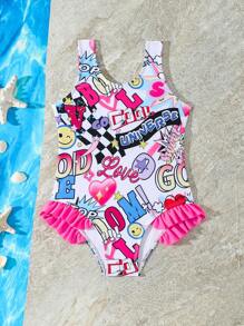 Young Girl' Random Cute Graffiti Printed Ruffled One-Piece Swimsuit, Summer - Multicolor - View 5