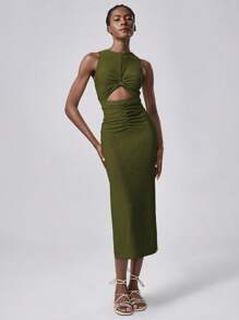 Lumivelle 女士针织纹理弹力镂空中长连衣裙，优雅性感女士连衣裙，春夏 - 墨綠色 - 查看 6