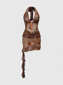 ROMWE Hippie Y2K Vintage Sexy Halter Open Back Starfish Metal Decor Women Mini Dress - Multicolor - View 1