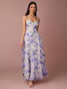 Enchnt Vestido deslizante elegante de gasa con estampado floral, patchwork y dobladillo con volantes para mujer