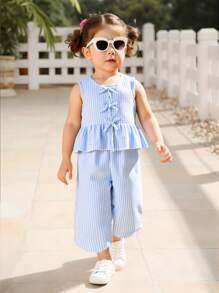 SHEIN Conjunto de 2 piezas de parte superior sin mangas de rayas y pantalones de pierna ancha para niñas bebés y niñas pequeñas de 0 a 3 años, ideal para uso casual, diario y de vacaciones en primavera y verano