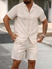 Manfinity Homme Men's Solid Color Casual Plus Size Shirt Set - Apricot - View 1