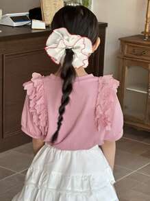 DAZY Camiseta de punto con cuello redondo y aplicación de encaje para niñas preadolescentes, ropa de verano y vuelta al colegio