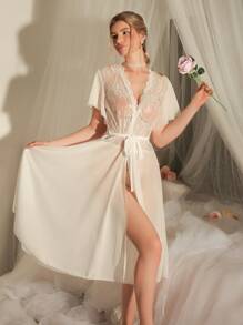 DelicateAllure French Romantic Elegant Mesh Ruffle Lace Patchwork Ladies Bathrobe - White - View 1