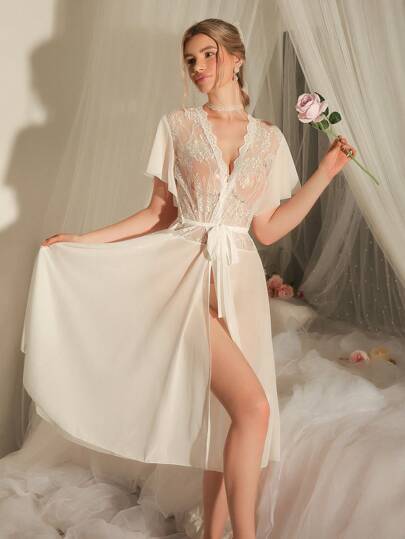DelicateAllure French Romantic Elegant Mesh Ruffle Lace Patchwork Ladies Bathrobe