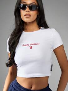 Missguided x Playboy Áo thun crop top tay ngắn in họa tiết logo cho bé Áo thun thể thao mùa hè cơ bản mặc dạo phố tập luyện thể dục thiết yếu - trắng - Xem 9