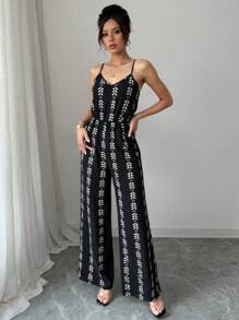 Elenzga 女式全印花宽松休闲阔腿连体裤 - 黑色 - 查看 4