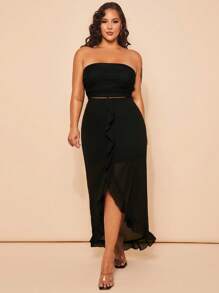 SHEIN BAE Plus Size Women 2 Pieces Set: Black Ruched Bandeau Top And Slit Ruffle Hem Maxi , Elegant Outfit For Daily Commute, Vacation, Summer Holiday, Young Fashionable Set, Y2K Baddie Two Pieces, Beach Resort Suit, Graduation Set, Birthday Outfit, Party Ensemble,Festival Co Ord,Vacation Two Pieces Set,Ruffle Skirt,Summer Outfits For Women,Tube Tops Women,Festival Outfits For Women,Rave Outfits Festival