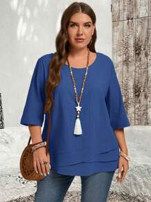 EMERY ROSE Camisa asimétrica verde de estilo campestre para otoño en tallas grandes - azul real - Ver 7