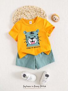 Cozy Pixies 2 Stücke Baby-Set mit Cartoon-Tiermuster und weichem Rundhalsausschnitt, kurzärmeligem Oberteil und Shorts mit elastischer Taille